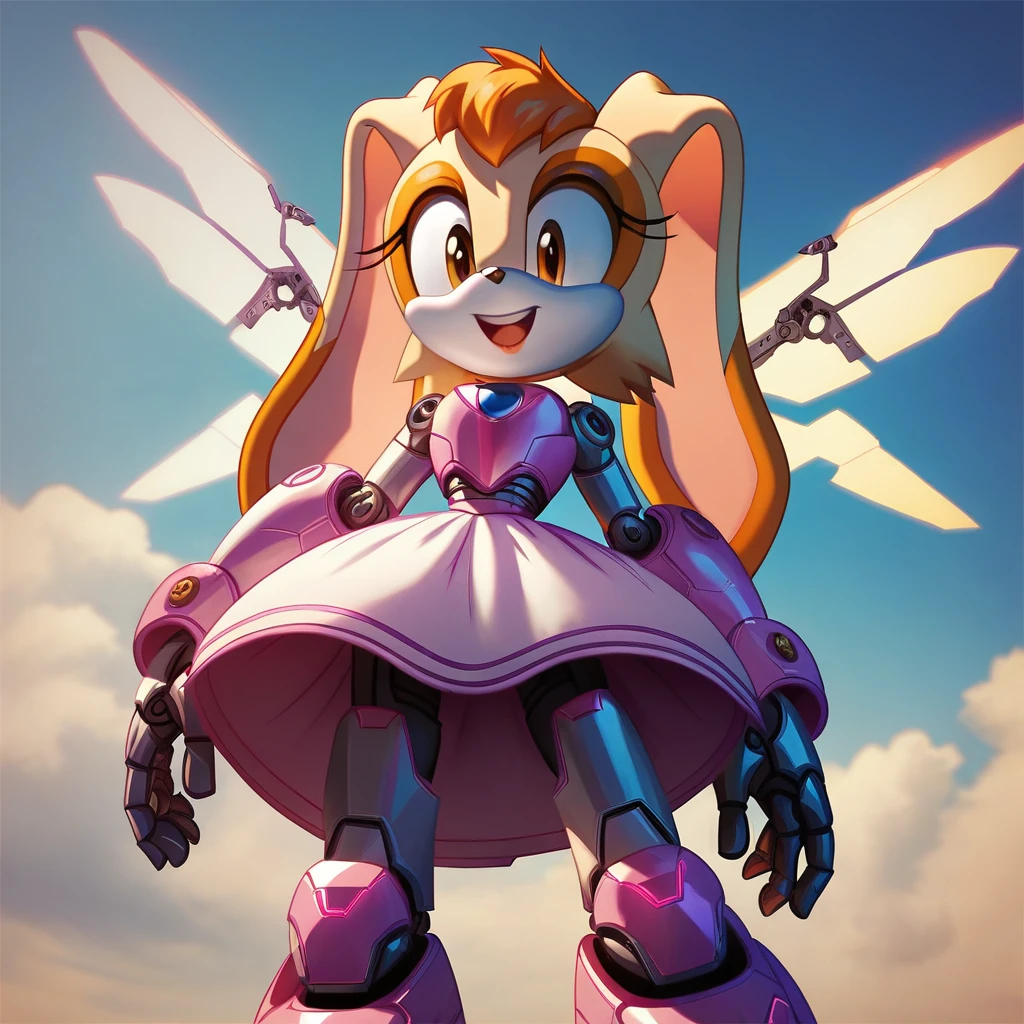 (score_9, score_8_up, score_7_up), Solo, (Vanilla the Rabbit), Sonic \(Series\), (Science Fiction, Purple Armored bodysuit, Pink Armored Dress, Mecha, Android, Cyborg, mechanical wings, glowing wings)+, Angel Wings, Beautiful, Flat Colors, Vector, SVG, Happy, Clouds, Highly Detailed