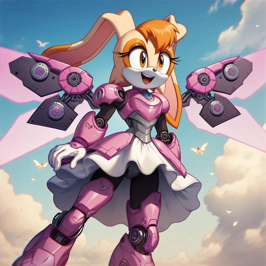 (score_9, score_8_up, score_7_up), Solo, (Vanilla the Rabbit), Sonic \(Series\), (Science Fiction, Purple Armored bodysuit, Pink Armored Dress, Mecha, Android, Cyborg, mechanical wings, glowing wings)+, Angel Wings, Beautiful, Flat Colors, Vector, SVG, Happy, Clouds, Highly Detailed