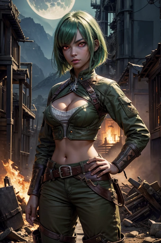 emeraldsustrai, emerald sustrai, short hair, (red eyes:1.5), green hair, dark skin, dark-skinned female, navel, cleavage, midriff, belt, cleavage cutout, chaps, night, moon, stars, standing, hands on hips, broken suspension bridge, near old steam train, post-apocalypse, dystopian future, crowd, (crowd in military uniforms), bonfires, (volumetric lighting), intricate details, tonemapping, sharp focus, hyper detailed, (cowboy shot:1.5), BREAK (masterpiece:1.2), best quality, high resolution, unity 8k wallpaper, (illustration:0.8), (beautiful detailed eyes:1.6), extremely detailed face, perfect lighting, extremely detailed CG, (perfect hands, perfect anatomy),