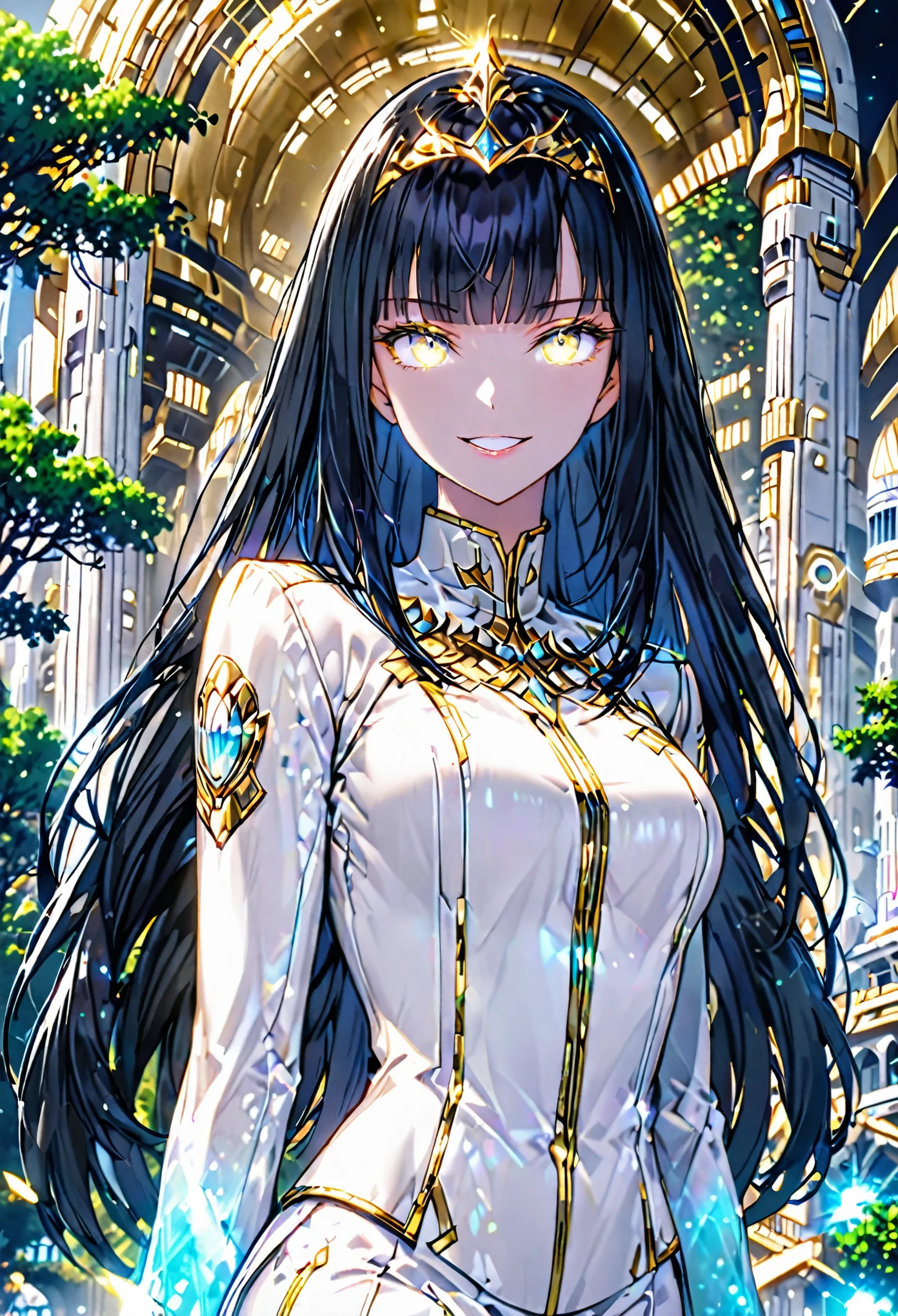 holographic woman, long black hair, straight hair, straight bangs, glowing hair, glowing eyes:0.5, mature, white chiton business suit, gentle smile, gleaming eyes, gold tiara, futuristic architecture, happy, arcology, trees, wink