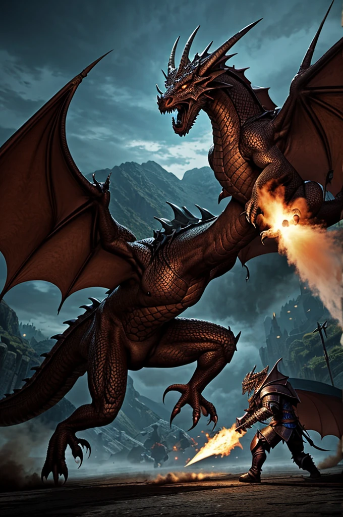 An enraged dragon charging towards a knight guild
