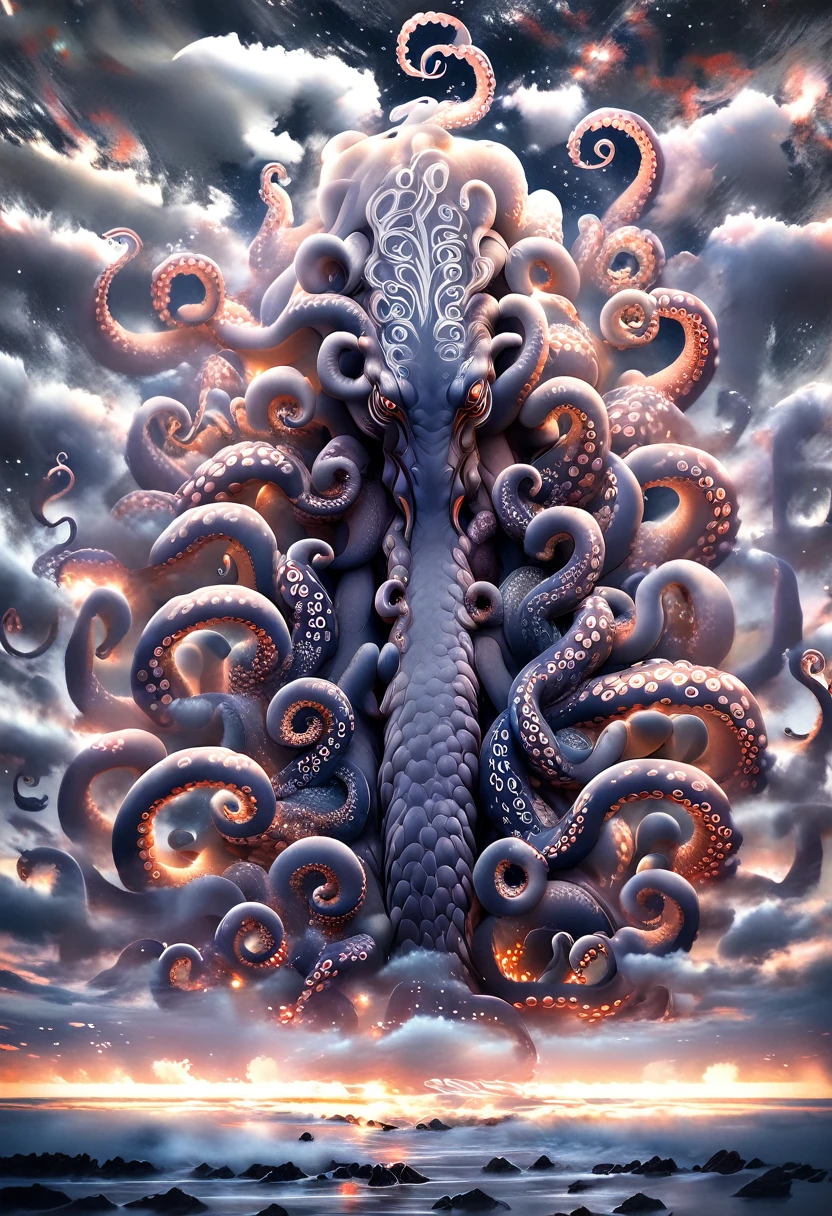an octopus with zebra stripes. the grayscale tones create an intriguing visual illusion, blurring the boundaries between land and sea. the octopus’s tentacles undulate like brushstrokes, merging seamlessly with the monochromatic pattern on the moon, in an ancient civilization, over the shoulder shot, medium shot, upper body, low angle photograph, long exposure lighting, colorful lighting, surrealist style, fantastical, magical, unexpected, super detail, dreamy lo-fi photography, colorful, oil painting with visible brush strokes, lifestyle photography, candid, realistic, epic realism, abstract art, hyper realistic watercolor masterpiece 