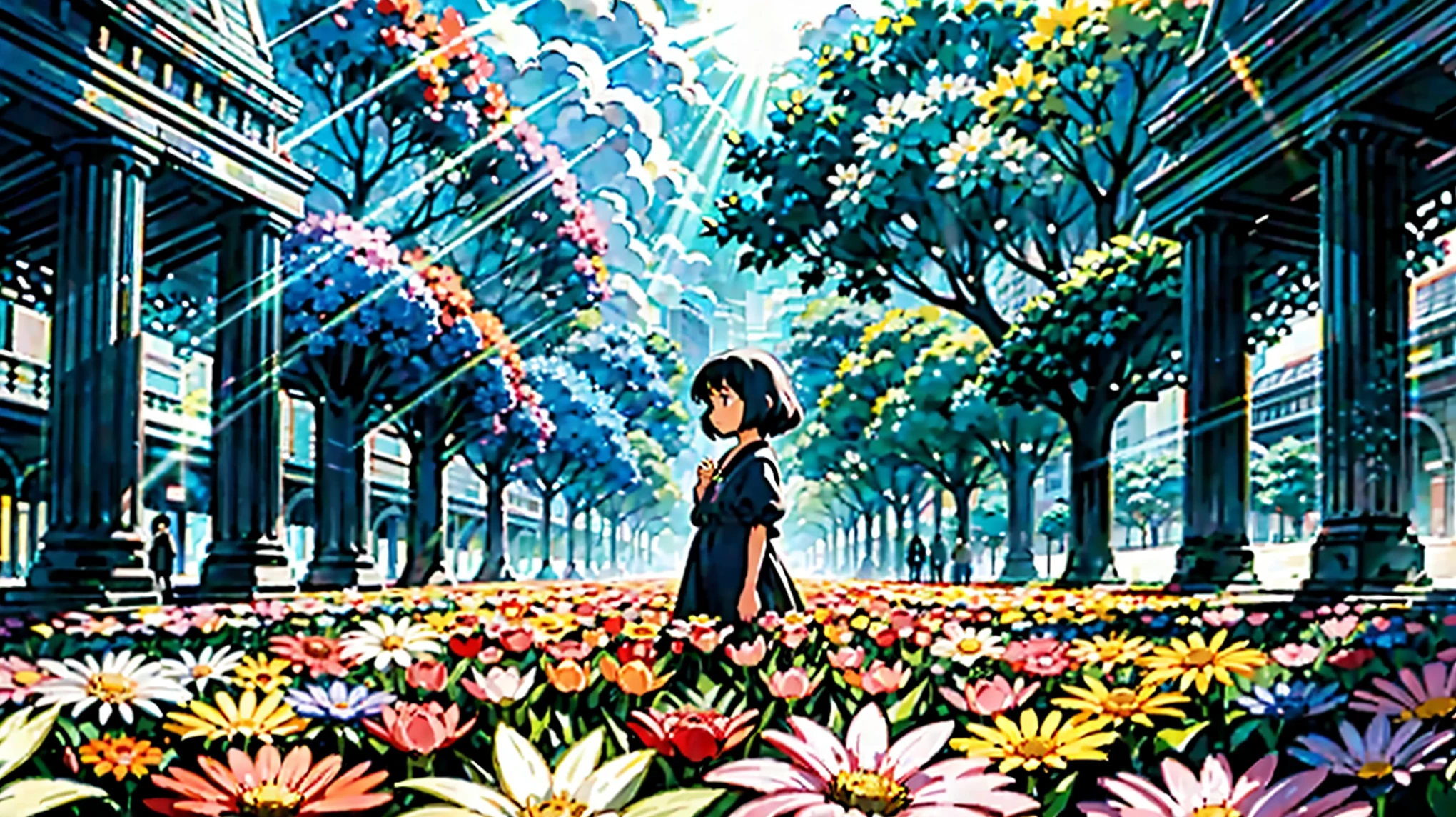 A vibrant flower blooms on the dirty ground of a large gray avenue. A crowd of gray, soulless people crosses the streets. A colorful , shining with bright tones, stands protectively over the flower, protecting her with his little hands and determined eyes. Sunlight breaks through the dark clouds. ghibli studio style