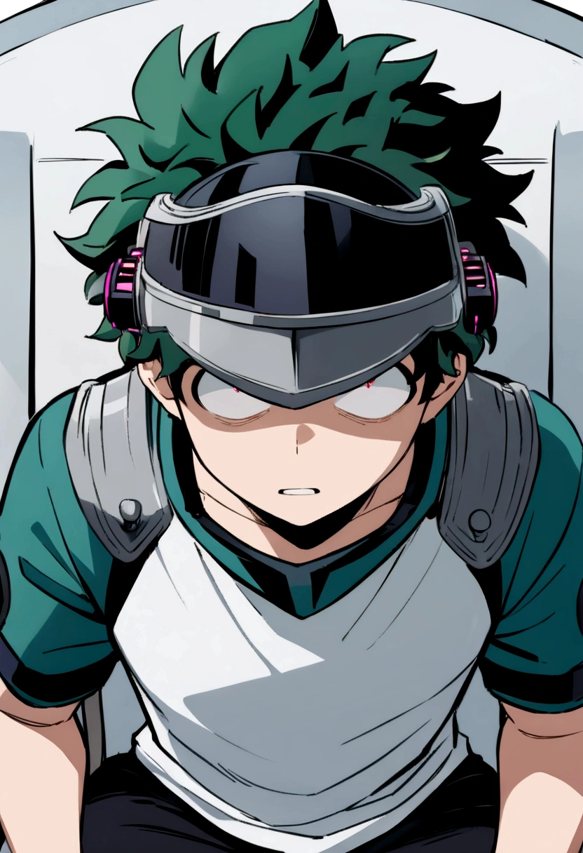 (masterpiece, best quality:1.2), solo, male focus, 1boy, midoriya izuku, short green hair, green eyes, white t-shirt, black shorts, domed helmet with visor covering eyes, mind control device, blank expression in eyes, eyes staring straight forward, mouth hanging open, sitting in chair, anime style, my hero academia style