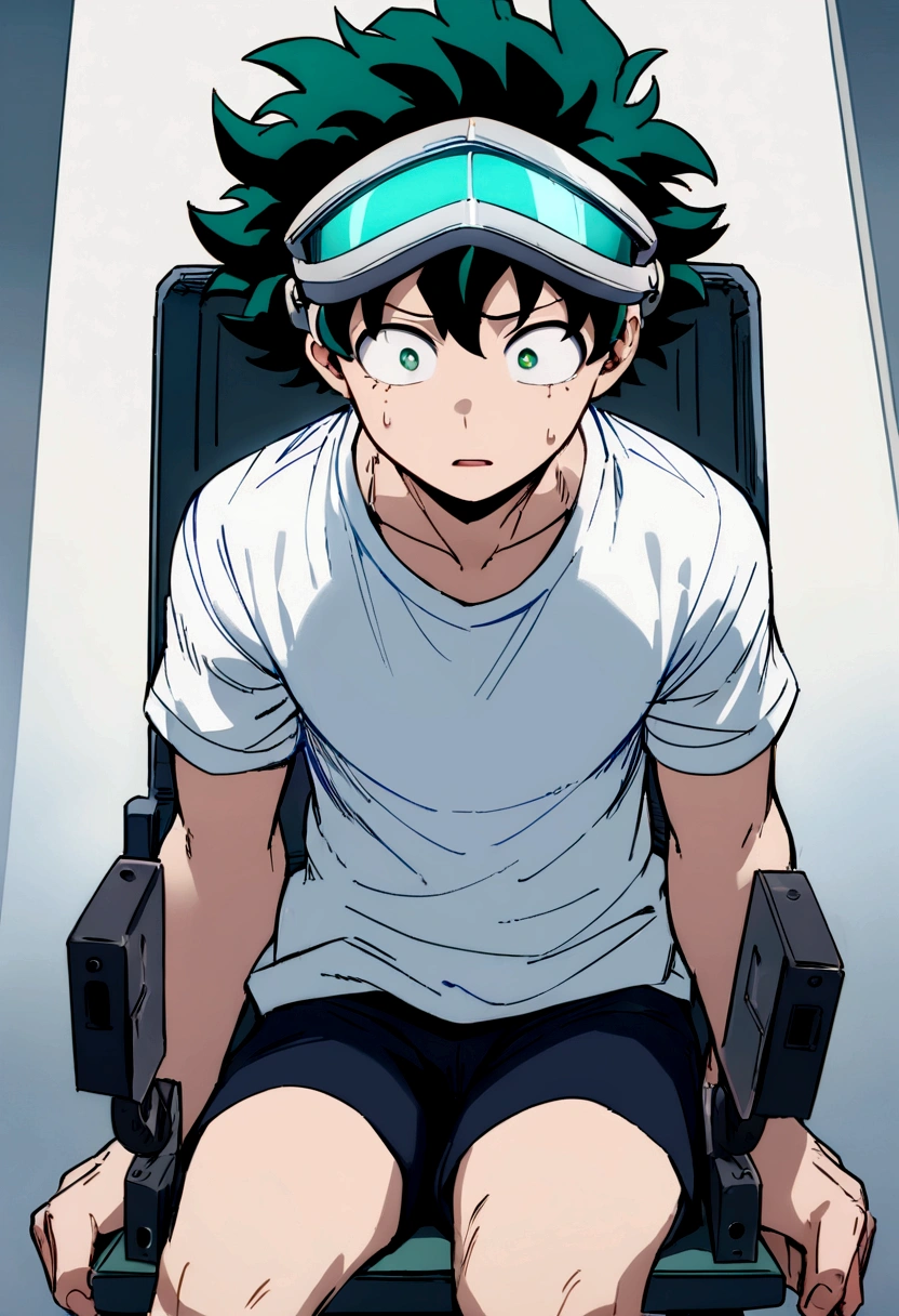 (masterpiece, best quality:1.2), solo, male focus, 1boy, midoriya izuku, short green hair, green eyes, white t-shirt, black shorts, domed helmet with visor covering eyes, mind control device, blank expression in eyes, eyes staring straight forward, mouth hanging open, sitting in chair, anime style, my hero academia style