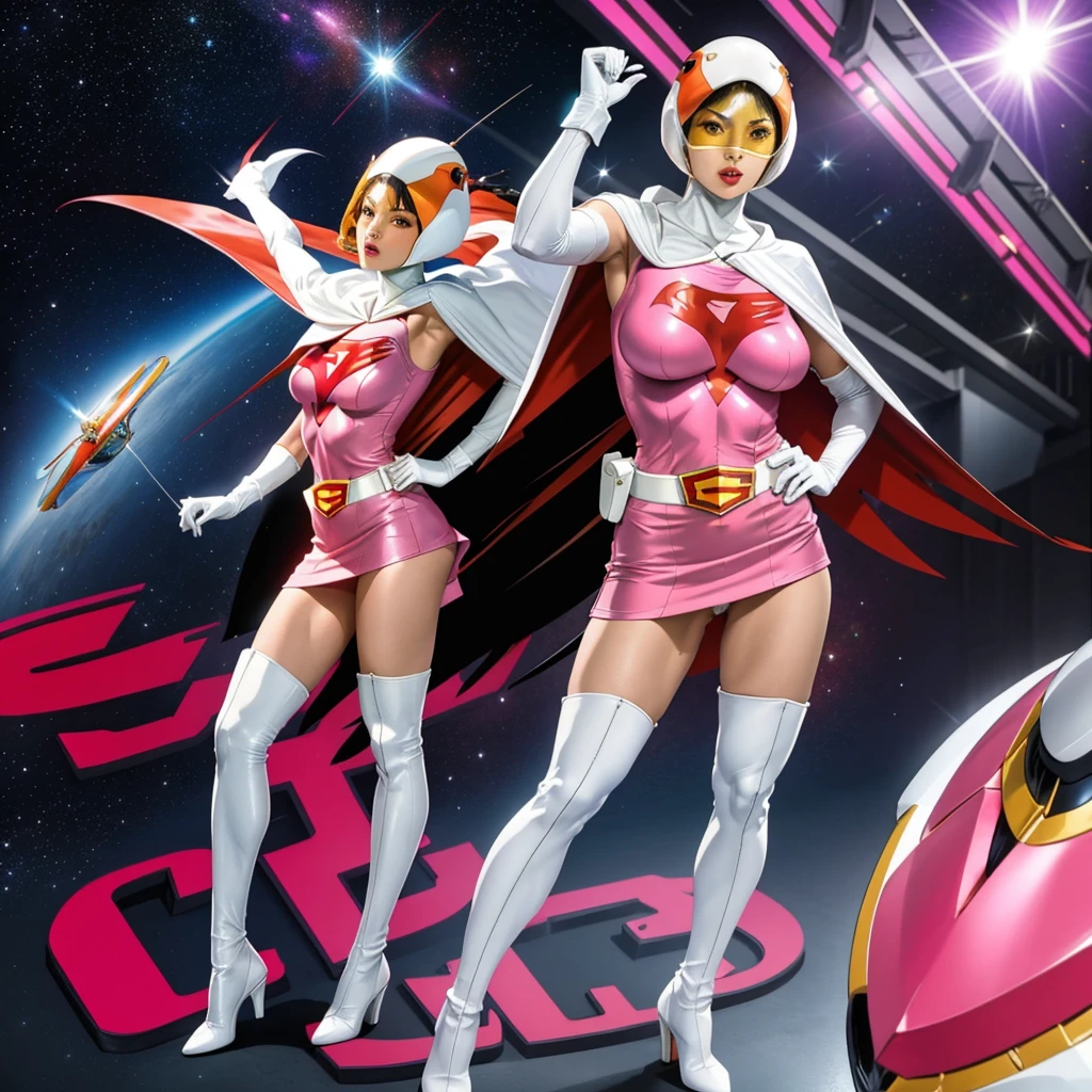 ANI_CLASSIC_jun_gatchaman_ownwaifu,1girl, 15yo,good anatomy, masterpiece, best quality,realistic, hyper realistic, 16k hdr, long hair,breasts,lips,large breasts,lipstick,makeup,gloves,cape,helmet,belt,elbow gloves,white gloves,mask,ultra miniskirt,leotard,spacesuit,white tight overknee highheels boots,pink dress,superhero,bodysuit,cleavage,erected nipples,(kick ass poses),cameltoe