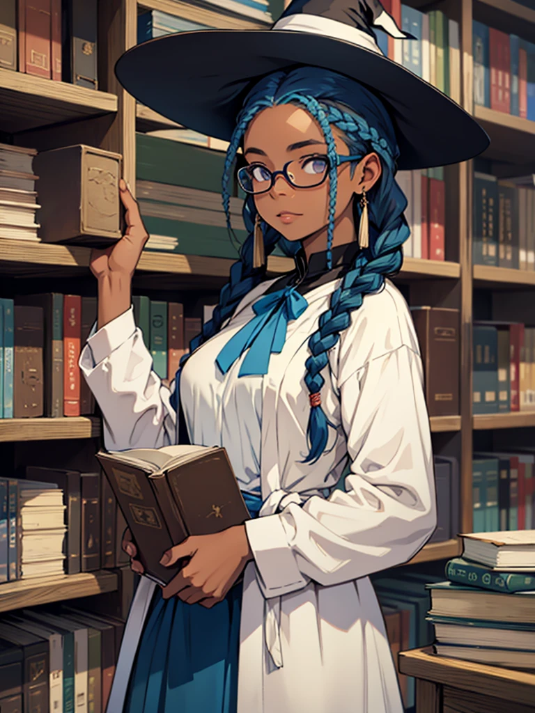 uma garota negra, with blue braids, who wears glasses, carrying books in hands, in witch uniform