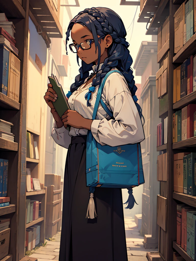 uma garota negra, with blue braids, who wears glasses, carrying books in hands, in witch uniform