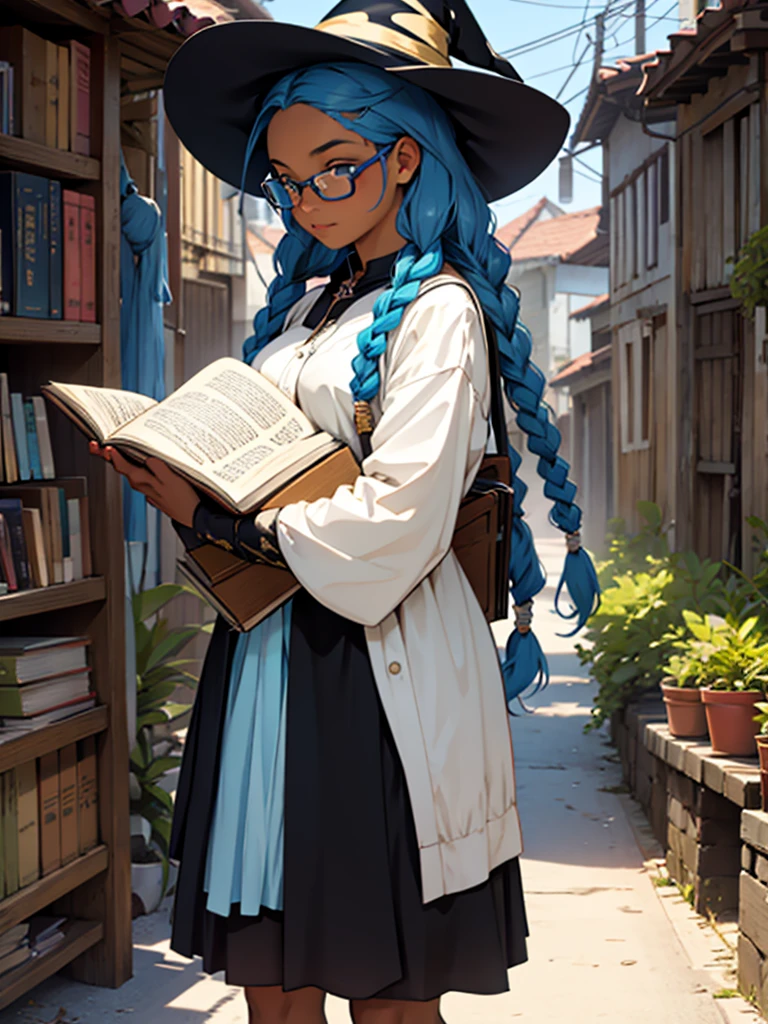 uma garota negra, with blue braids, who wears glasses, carrying books in hands, in witch uniform