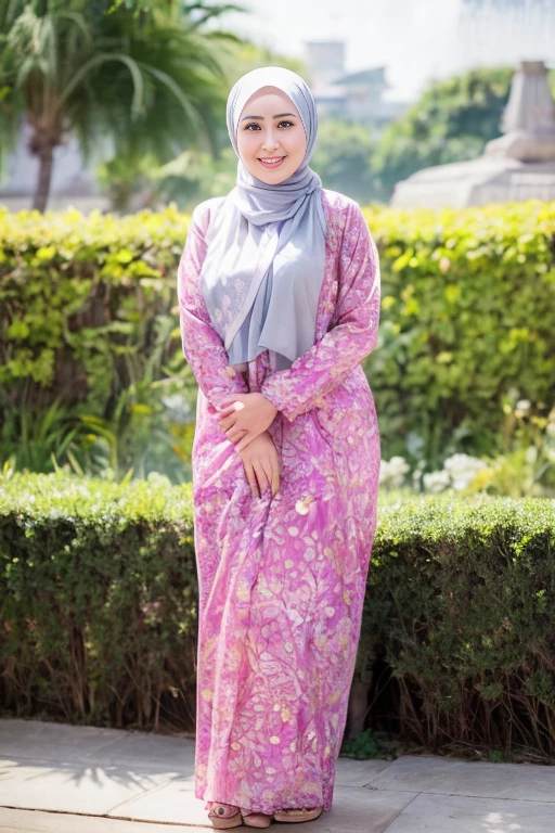 Beautiful, cute baby Face, 21 Years old indonesian girl, ((wearing batik hijab)), Rounded medium Breast, slightly chubby,  White Skin, Smiling, flower garden Background, day light,mid shot, full body, Perfect Potrait, Bokeh Effect, Look at Viewer, small breast, ((adorable:1.2)), ((masterpiece:1.1)), ((bokeh:1.2))