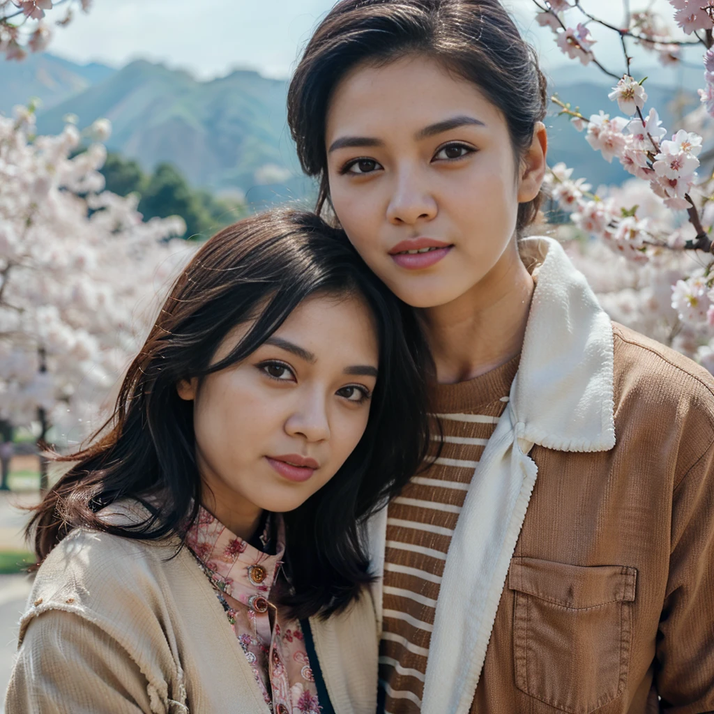 pasangan kekasih ras Indonesia wanita usia 25 tahun berwajah bersih dan laki-laki 28 tahun berwajah bersih , memakai baju couple banu dingin ,celana jeans ,memakai sepatu kets ,pose sedang berdiri full body ,latar belakang negara jepang dengan pemandangan yang sakura yang indah , realistis HD high-quality photography,high focus , long shoot, cinematic,100k