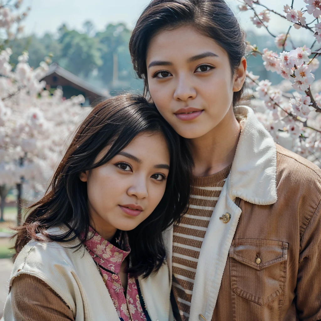 pasangan kekasih ras Indonesia wanita usia 25 tahun berwajah bersih dan laki-laki 28 tahun berwajah bersih , memakai baju couple banu dingin  ,celana jeans ,memakai sepatu kets ,pose sedang berdiri full body ,latar belakang negara jepang  dengan pemandangan yang sakura yang indah  , realistis HD high-quality photography,high focus , long shoot, cinematic,100k