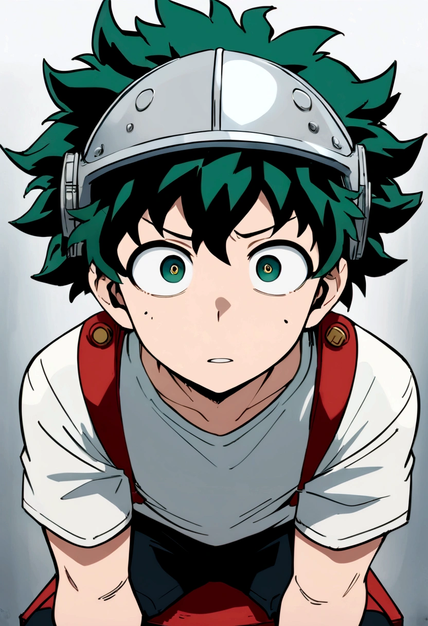 (masterpiece, best quality:1.2), solo, male focus, 1boy, midoriya izuku, short green hair, green eyes, white t-shirt, black shorts, domed helmet with visor covering eyes, mind control device, blank expression in eyes, eyes staring straight forward, mouth hanging open, sitting in chair, anime style, my hero academia style