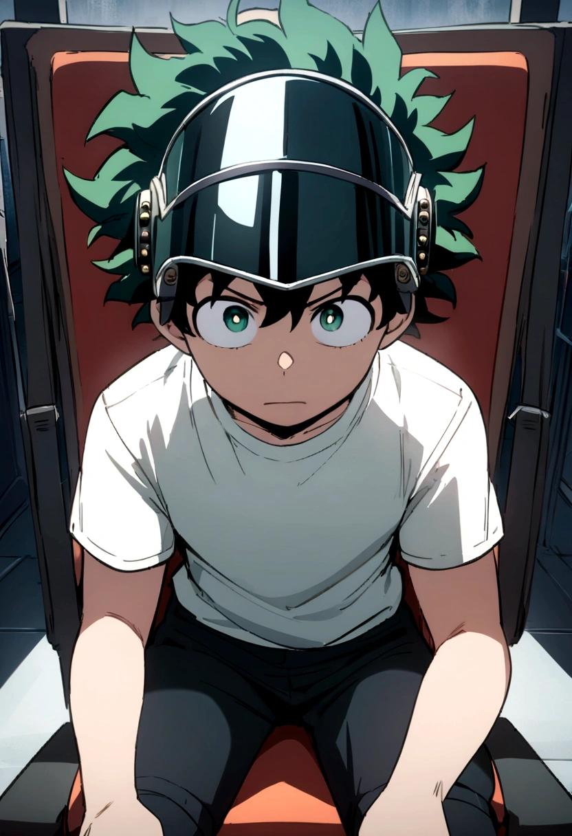 (masterpiece, best quality:1.2), solo, male focus, 1boy, midoriya izuku, short green hair, green eyes, white t-shirt, black shorts, domed helmet with visor covering eyes, mind control device, blank expression in eyes, eyes staring straight forward, mouth hanging open, sitting in chair, anime style, my hero academia style