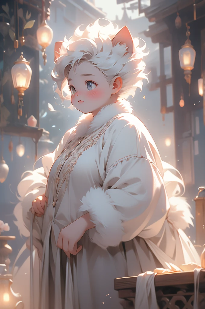 1girl, ghostly cat girl, short white hair, short fur, looking up, shy, timid, plump curves