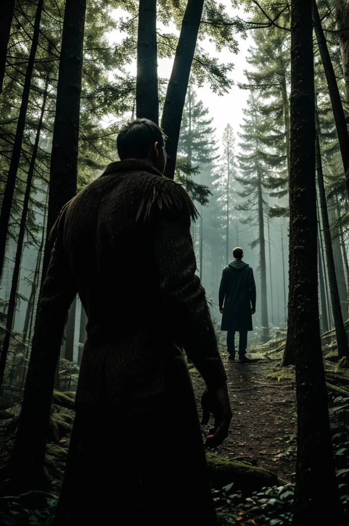 Monster with no teeth looking at someone from behind a tree in a dark forest