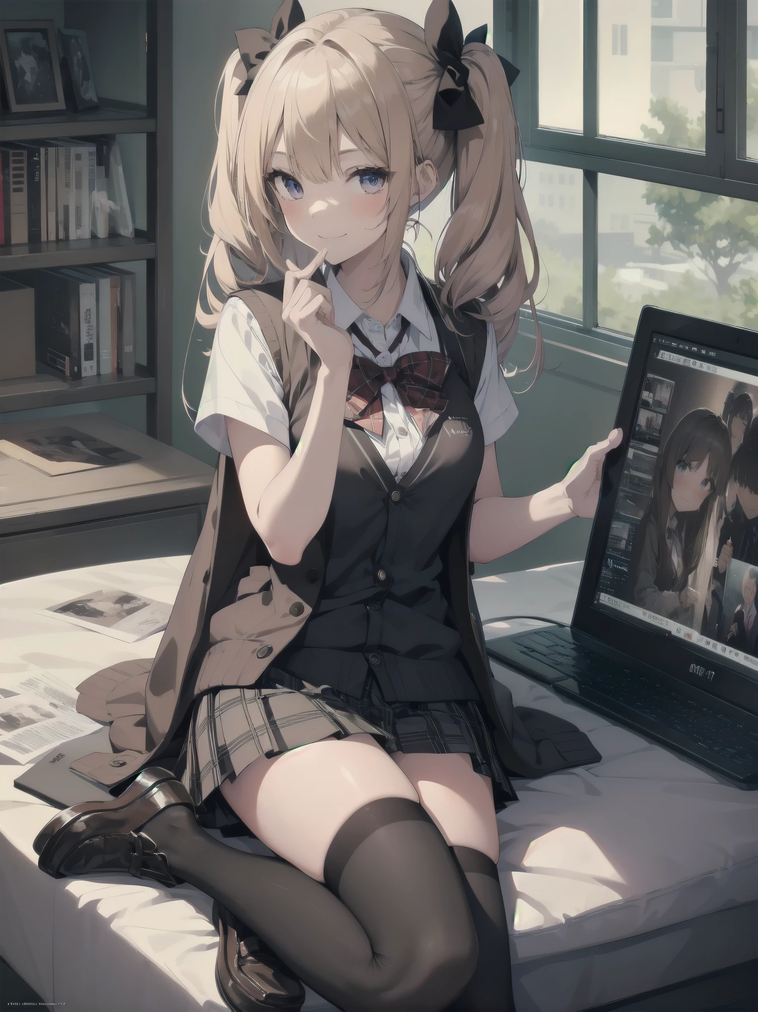 absurdres, absolutely resolution, incredibly absurdres, highres, ultra detailed, official art, unity 8k wallpaper,
BREAK
1 girl, soro, twintails, bow, cardigan vest, short sleeve shirt, plaid skirt, over black legwear, loafers, smile, Sexual girl, seducing men, colourful, bewitching eyes,