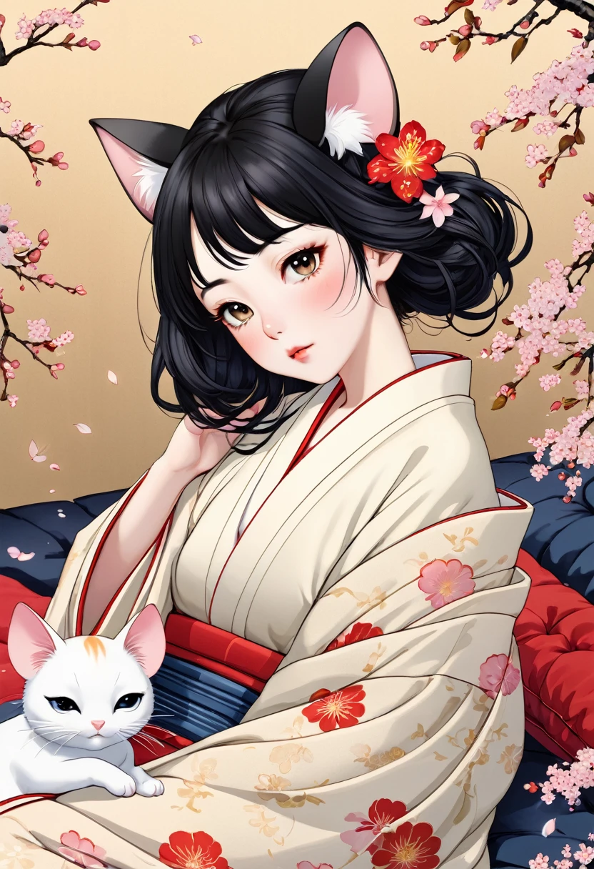 (utamaro style:1.2) , Hallucination, daydream , nightmare , Insane Dream , bokeh , erotica , romance , realistic mouse nymph and realistic cat , kimono , futon , Petals fluttering down , Single eyelids, round nose, swollen cheeks