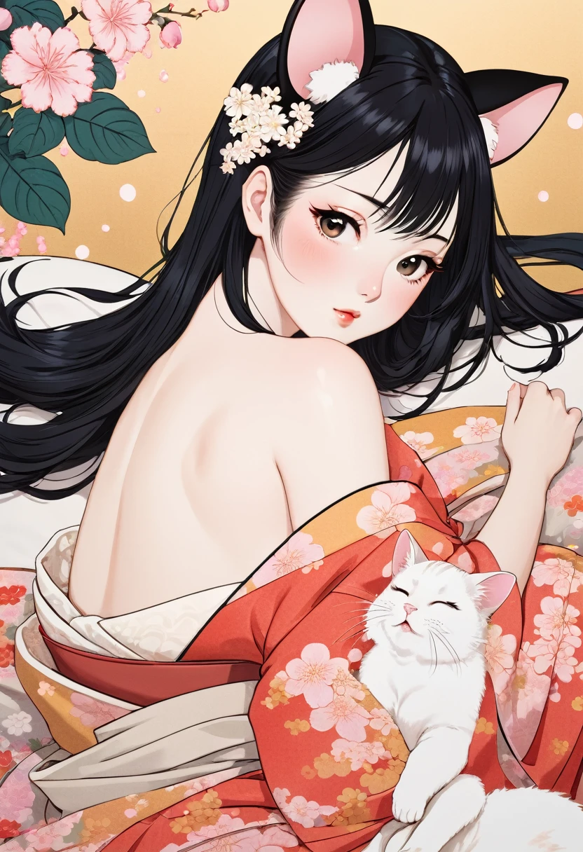 (utamaro style:1.2) , Hallucination, daydream , nightmare , Insane Dream , bokeh , erotica , romance , realistic mouse nymph and realistic cat , kimono , futon , Petals fluttering down , Single eyelids, round nose, swollen cheeks