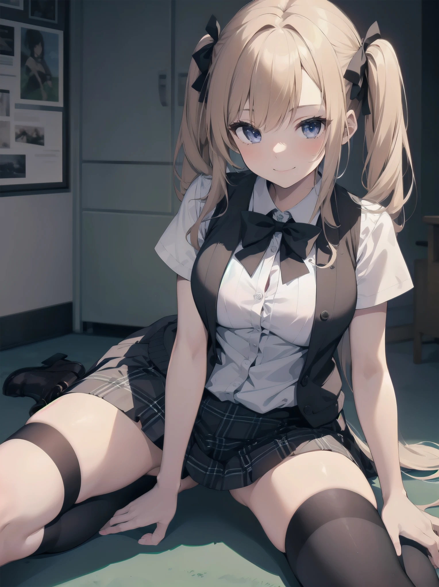 absurdres, absolutely resolution, incredibly absurdres, highres, ultra detailed, official art, unity 8k wallpaper,
BREAK
1 girl, soro, twintails, bow, cardigan vest, short sleeve shirt, plaid skirt, over black legwear, loafers, smile,  girl, seducing men, colourful, bewitching eyes,