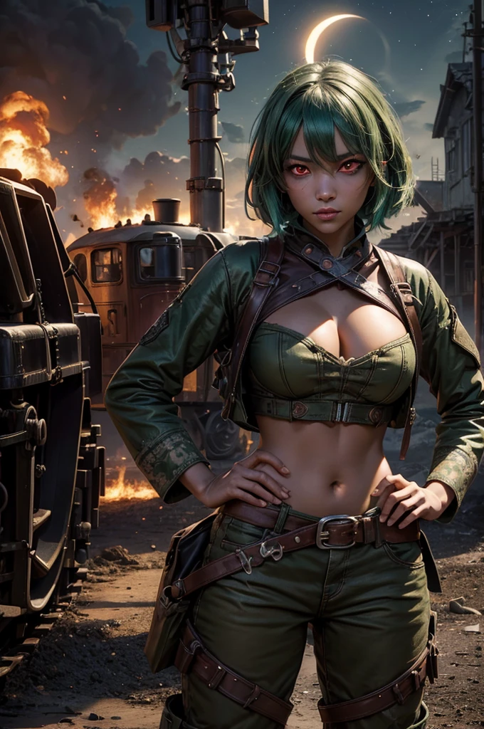 emeraldsustrai, emerald sustrai, short hair, (red eyes:1.5), green hair, dark skin, dark-skinned female, navel, cleavage, midriff, belt, cleavage cutout, chaps, night, moon, stars, standing, hands on hips, ((broken suspension bridge, near old steam train)), post-apocalypse, dystopian future, crowd, (crowd in military uniforms), bonfires, (volumetric lighting),  intricate details, tonemapping, sharp focus, hyper detailed, (cowboy shot:1.5), BREAK (masterpiece:1.2), best quality, high resolution, unity 8k wallpaper, (illustration:0.8), (beautiful detailed eyes:1.6), extremely detailed face, perfect lighting, extremely detailed CG, (perfect hands, perfect anatomy),