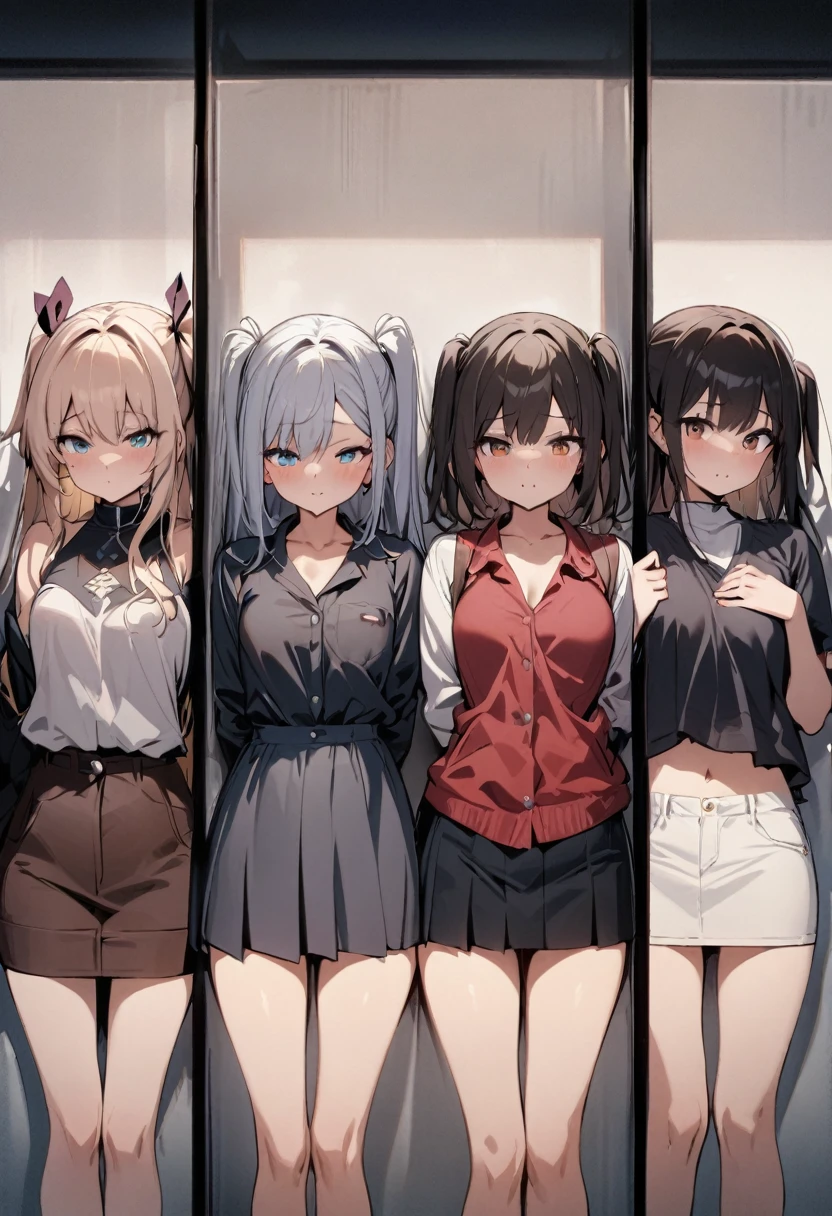 lineup,Multiple Girls,straight-on,tow side up,masterpiece, best quality, very aesthetic, absurdres 