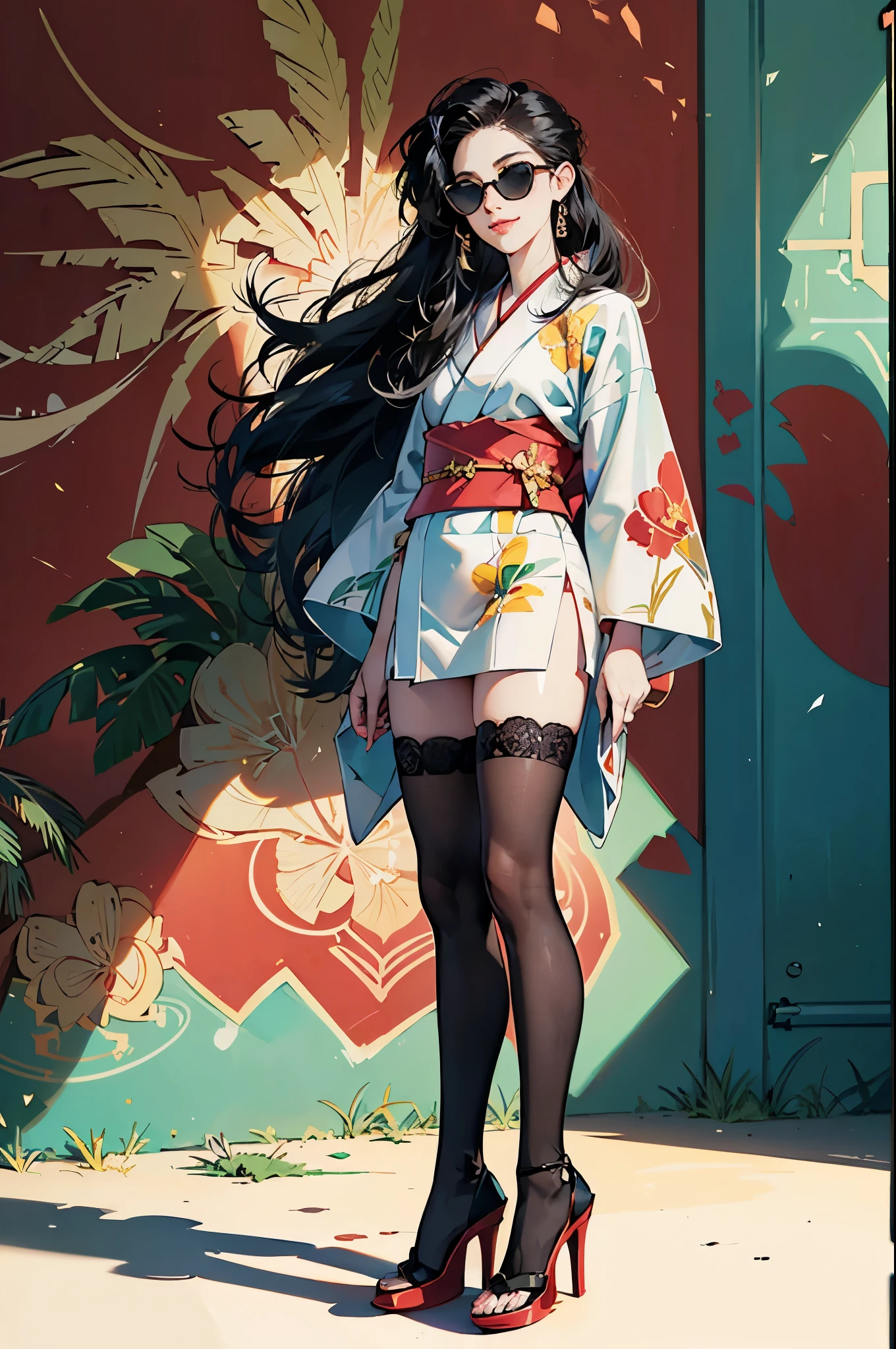 ((Art style by Patrick Nagel)), ((8k, wallpaper, detailed)), dark sunglasses, korean pop star, short kimono high fashion, thigh highs, high heels, long legs, black hair, pretty hands, fringe, full body, smile, simple red background, palm trees, (graffiti wall:1.2), muscular, strong, courageous, art by Patrick Nagel