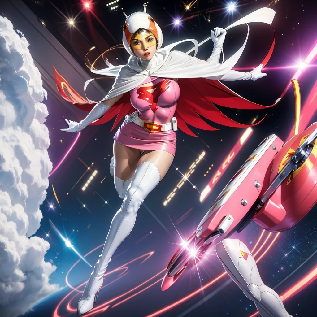 ANI_CLASSIC_jun_gatchaman_ownwaifu,1girl, ,good anatomy, masterpiece, best quality,realistic, hyper realistic, 16k hdr, long hair,breasts,lips,large breasts,lipstick,makeup,gloves,cape,helmet,belt,elbow gloves,white gloves,mask,ultra miniskirt,leotard,spacesuit,white tight overknee highheels boots,pink dress,superhero,bodysuit,cleavage,erected nipples,(stand pose,hands on hip),(spread legs:1.1),cameltoe