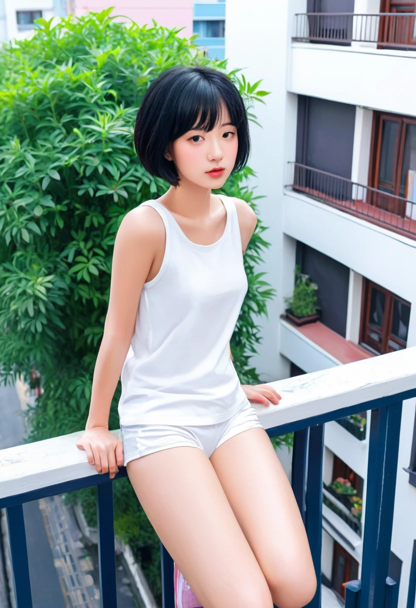 niji style,anime style illustration: young woman with short black hair, white sleeveless t-shirt, white panties, leaning on the railing of a small balcony of a tall building in a dense city.  View from above and behind, showing drab buildings, a can, a blue slipper and a plant. pink railing,