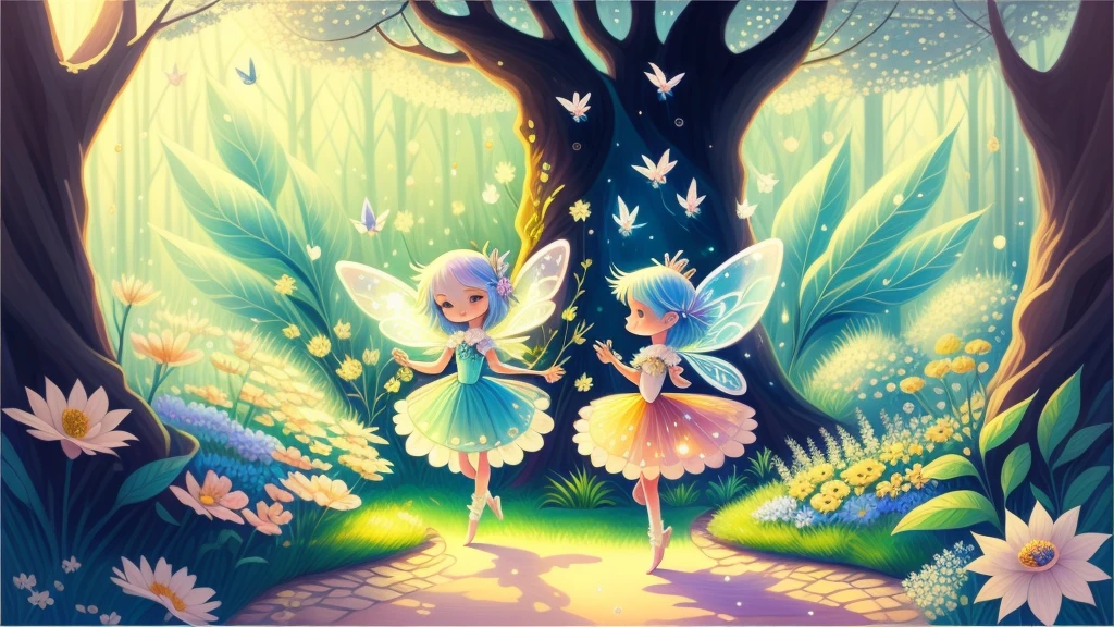 Dreamy garden, trees, flowers, Cute s, light colors hair, blue eyes, gossamer,illustration, A masterpiece in bright light, stunning art! The art of magic, fairy tale artwork, inspiring art, exquisite artwork high quality、masterpiece、Sparkling fairies、One fairy dances in the center。Other fairies dance around