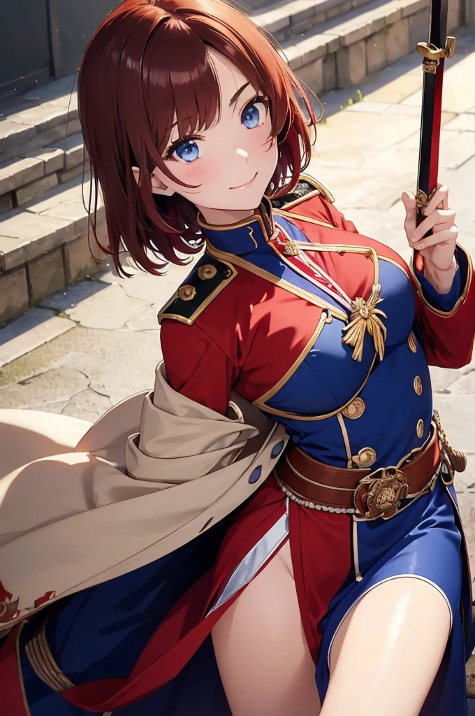 8K High Resolution、(((masterpiece)))、Anime Art、20 year old beauty、Fearless smile、Redhead short cut、167㎝、Small breasts、Blue Eyes、Imposing eyebrows、(((crimson military uniform)))、Vienna in the late 19th century、Austrian Army Officer、Silver rose ornament on chest、Beige knee-length skirt、Black boots、A Japanese sword hangs from his waist