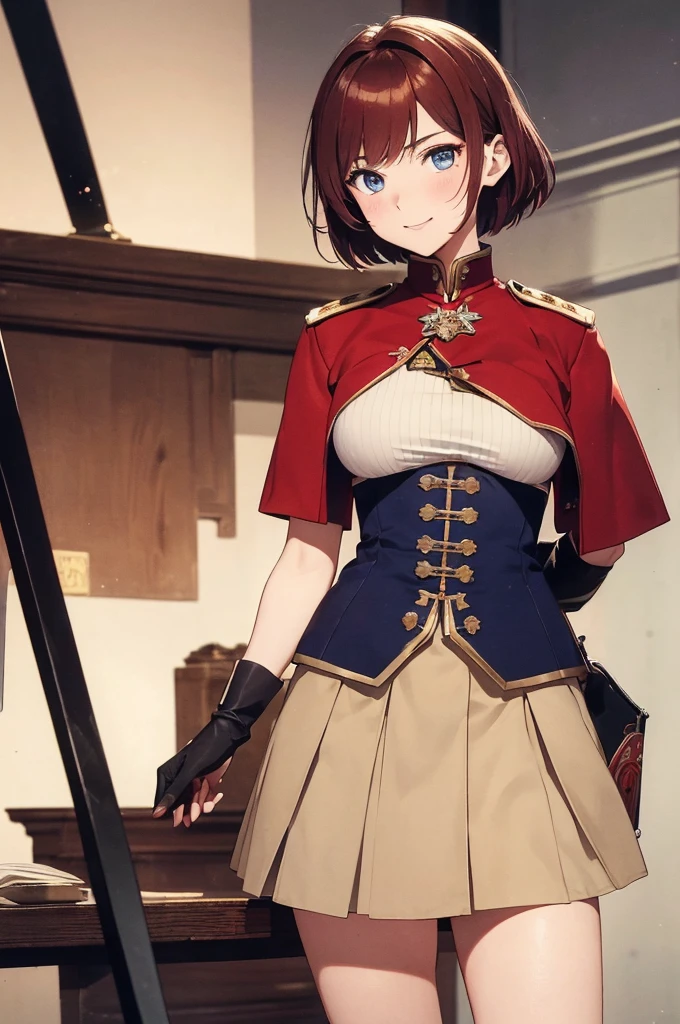 8K High Resolution、(((masterpiece)))、Anime Art、20 year old beauty、Fearless smile、Redhead short cut、167㎝、Small breasts、Blue Eyes、Imposing eyebrows、(((crimson military uniform)))、Vienna in the late 19th century、Austrian Army Officer、Silver rose ornament on chest、Beige knee-length skirt、Black boots、A Japanese sword hangs from his waist