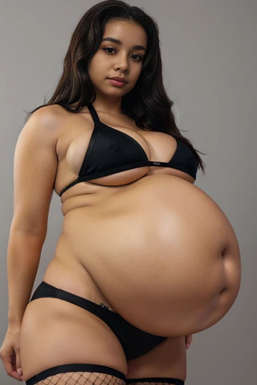 E-girl white light skin ars Black long hair , pregnant belly, wearing sport bra and black bottom bikini, chubby, black fishnet stockings