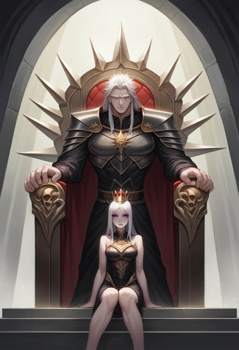 A young 19 year old girl with long white hair and light violet eyes, pale white skin, has her hair in a mini updo with a golden crown with rubies, natural red lips with a small smile, thick bushy white eyebrows and long white eyelashes, stunningly beautiful, wearing a black dress with red and gold embroidered dragons, deep neckline, 170cm tall, standing on an 8 step high platform, behind her is a 190cm tall man with a muscular military-like build, white hair and dark violet eyes, thick white eyebrows, serious expression, wearing golden and silver armor with red and black dragons on the chest, one hand on the woman's waist and the other on the hilt of a sword on his belt, behind them is an iron throne with swords embedded all over, two dragons (one black, one red) behind the throne, and many people kneeling with heads bowed in front of the platform.

(best quality,4k,8k,highres,masterpiece:1.2),ultra-detailed,(realistic,photorealistic,photo-realistic:1.37),beautiful detailed eyes,beautiful detailed lips,extremely detailed eyes and face,longeyelashes,1girl,1man,fantasy portrait,elegant dress,dragon armor,iron throne,kneeling people,dramatic lighting,warm color palette,dramatic shadows,intricate details