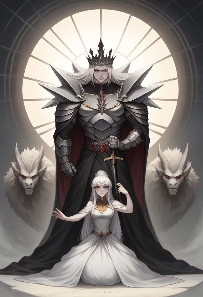 A young 19 year old girl with long white hair and light violet eyes, pale white skin, has her hair in a mini updo with a golden crown with rubies, natural red lips with a small smile, thick bushy white eyebrows and long white eyelashes, stunningly beautiful, wearing a black dress with red and gold embroidered dragons, deep neckline, 170cm tall, standing on an 8 step high platform, behind her is a 190cm tall man with a muscular military-like build, white hair and dark violet eyes, thick white eyebrows, serious expression, wearing golden and silver armor with red and black dragons on the chest, one hand on the woman's waist and the other on the hilt of a sword on his belt, behind them is an iron throne with swords embedded all over, two dragons (one black, one red) behind the throne, and many people kneeling with heads bowed in front of the platform.
(best quality,4k,8k,highres,masterpiece:1.2),ultra-detailed,(realistic,photorealistic,photo-realistic:1.37),beautiful detailed eyes,beautiful detailed lips,extremely detailed eyes and face,longeyelashes,1girl,1man,fantasy portrait,elegant dress,dragon armor,iron throne,kneeling people,dramatic lighting,warm color palette,dramatic shadows,intricate details