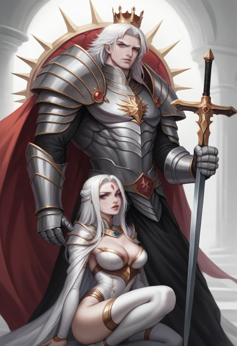 A young 19 year old girl with long white hair and light violet eyes, pale white skin, has her hair in a mini updo with a golden crown with rubies, natural red lips with a small smile, thick bushy white eyebrows and long white eyelashes, stunningly beautiful, wearing a black dress with red and gold embroidered dragons, deep neckline, 170cm tall, standing on an 8 step high platform, behind her is a 190cm tall man with a muscular military-like build, white hair and dark violet eyes, thick white eyebrows, serious expression, wearing golden and silver armor with red and black dragons on the chest, one hand on the woman's waist and the other on the hilt of a sword on his belt, behind them is an iron throne with swords embedded all over, two dragons (one black, one red) behind the throne, and many people kneeling with heads bowed in front of the platform.
(best quality,4k,8k,highres,masterpiece:1.2),ultra-detailed,(realistic,photorealistic,photo-realistic:1.37),beautiful detailed eyes,beautiful detailed lips,extremely detailed eyes and face,longeyelashes,1girl,1man,fantasy portrait,elegant dress,dragon armor,iron throne,kneeling people,dramatic lighting,warm color palette,dramatic shadows,intricate details