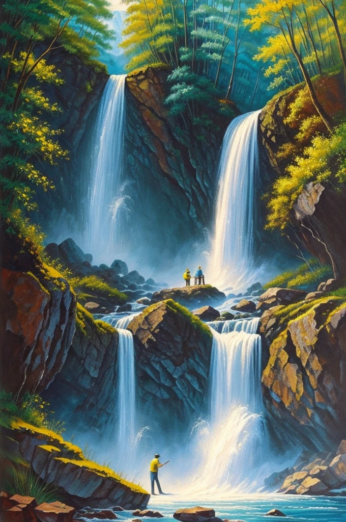 ((Best Quality)), ((Obra painting)),1 giant snake of striking colors on the rocks of a giant waterfall 