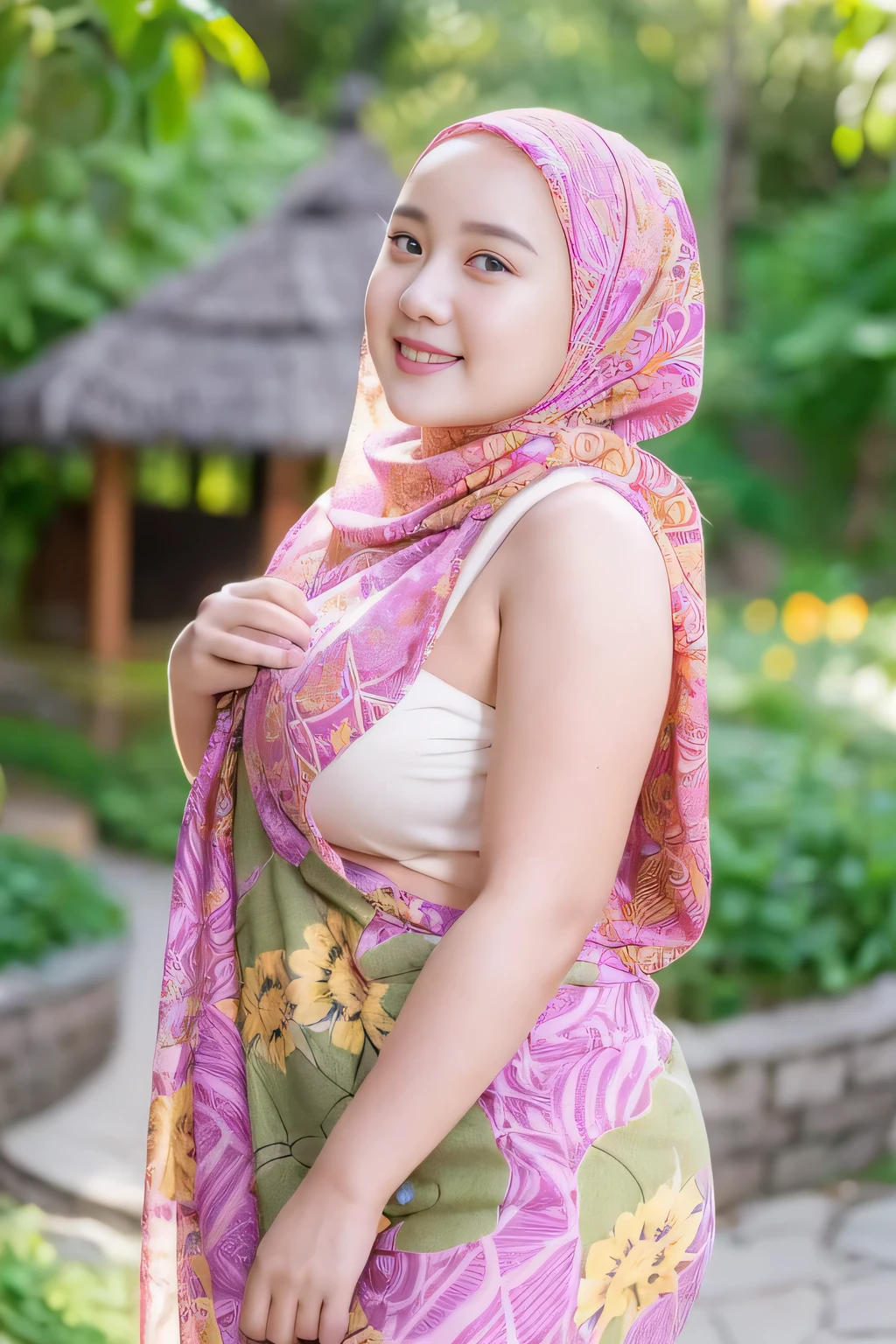 Beautiful, cute , 21 Years old indonesian girl, ((wearing batik hijab)), Rounded medium Breast, slightly chubby, White Skin, Smiling, flower garden Background, day light,mid shot, full body, Perfect Potrait, Bokeh Effect, Look at Viewer, small breast, ((adorable:1.2)), ((masterpiece:1.1)), ((bokeh:1.2))