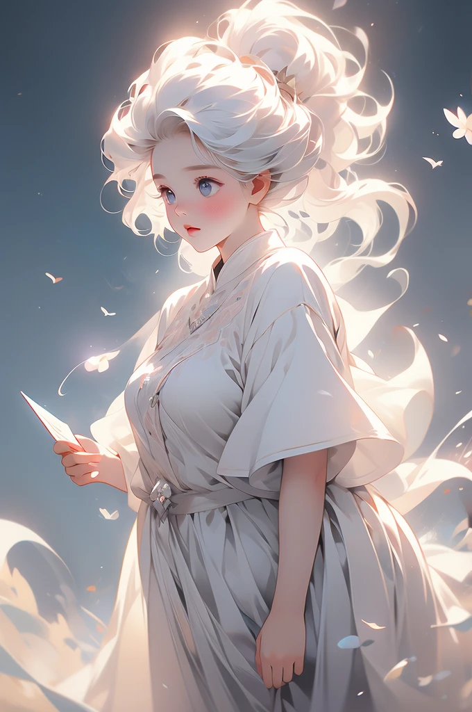 1girl, cat girl, short white hair, ethereal, white ears, looking up, shy, timid, plump curves