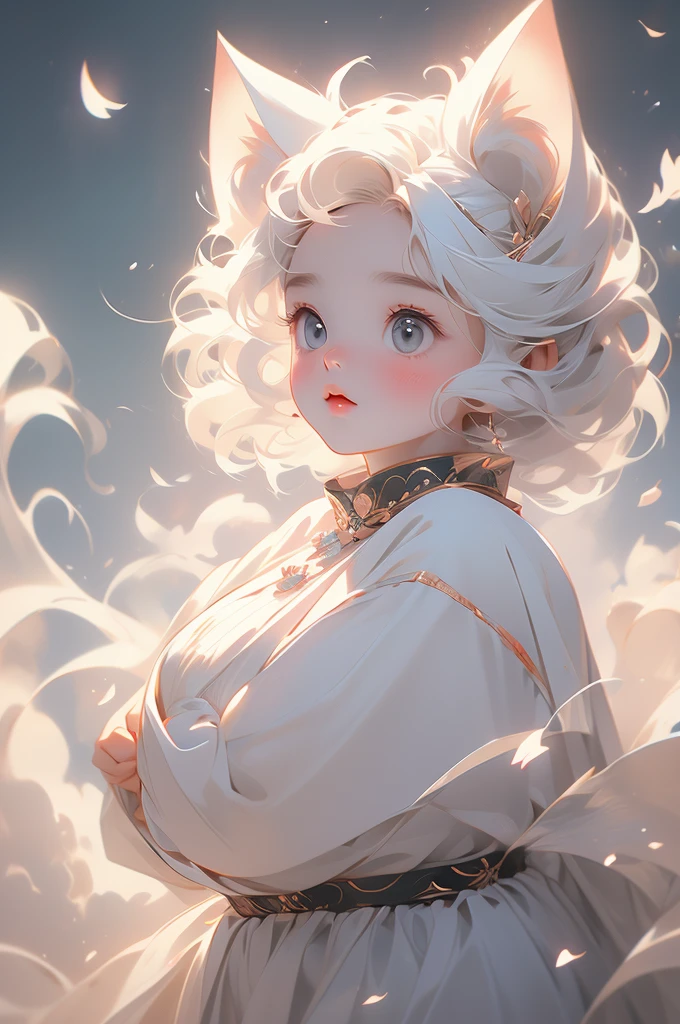 1girl, cat girl, short white hair, ethereal, white ears, looking up, shy, timid, plump curves