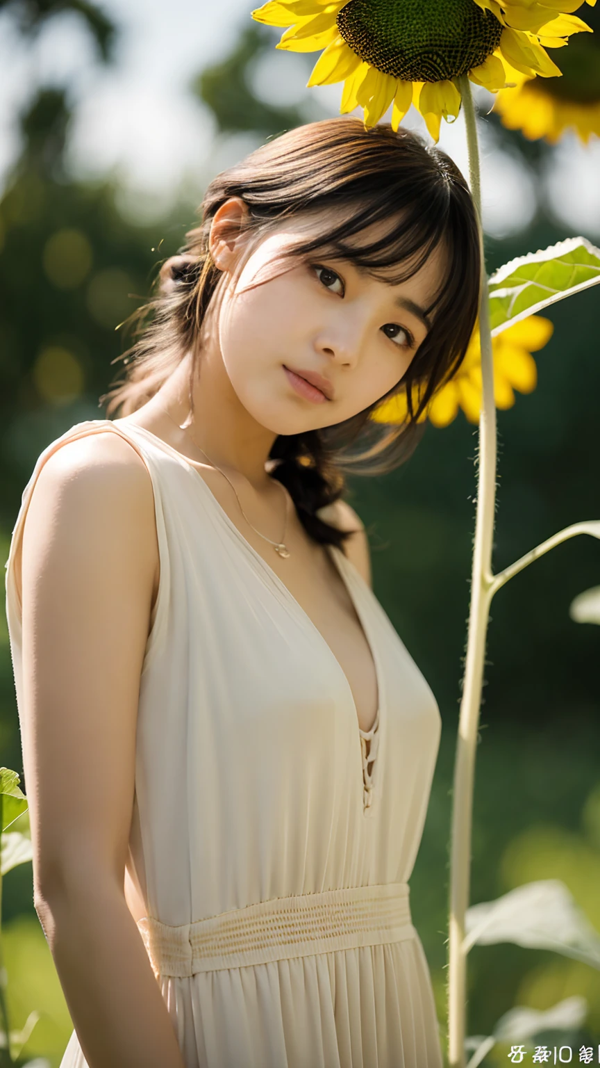((Tall sunflower field))、Beauty、See-through dress、The wind is blowing,masterpiece,best quality,ultra detailed,highres,high-resolution,4K,realistic,RAW photo,((real person)),portrait photography,photorealistic,detailed skin,(delicate black eyes ), A soothing woman with sagging eyes,Calm and calm, middle hair,skinny,clothing,The wind is blowing,tareme、