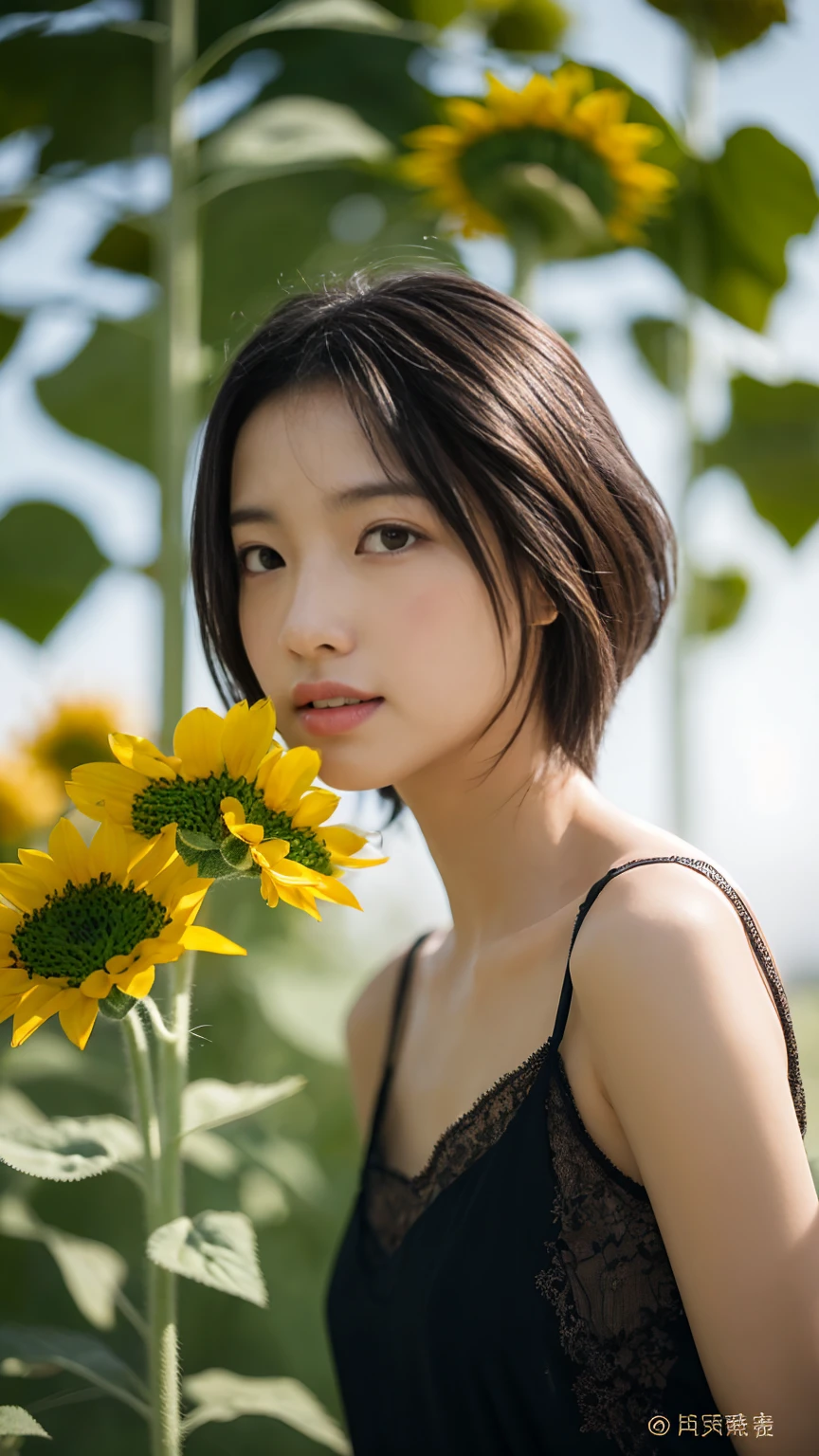 ((Tall sunflower field))、Beauty、See-through dress、The wind is blowing,masterpiece,best quality,ultra detailed,highres,high-resolution,4K,realistic,RAW photo,((real person)),portrait photography,photorealistic,detailed skin,(delicate black eyes ), A soothing woman with sagging eyes,Calm and calm, middle hair,skinny,clothing,The wind is blowing,tareme、