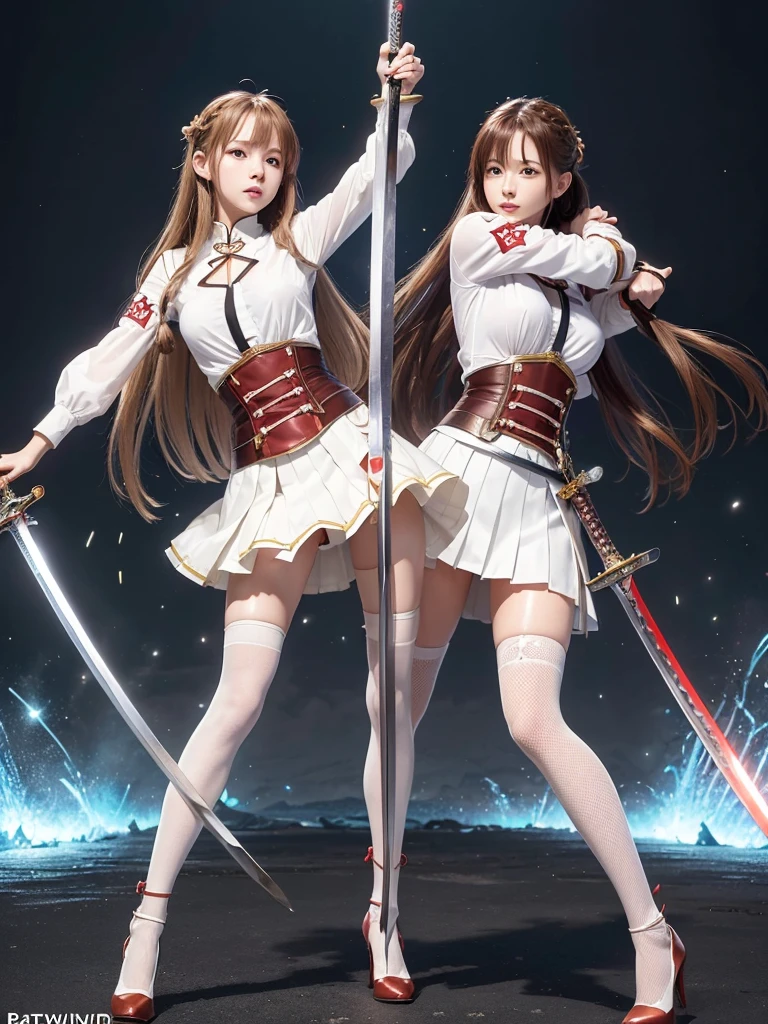((RAW image quality:1.4)), Asuna Yuki(Sword Art Online), dynamic angle, long bronze hair,Braid,brown eyes,fine eyes,big chest line,roll to the front,armature,chest flap,long sleeve white shirt,removed sleeve,red and white skirt,pleated skirt,lively,Her thin legs are so cute.,very beautiful long legs.,white stockings,garter,perfect body,lively,Are standing,lean forward a little.,high heels,city, ((Battle pose with long sword:1.4)), ((RAW image quality:1.4))