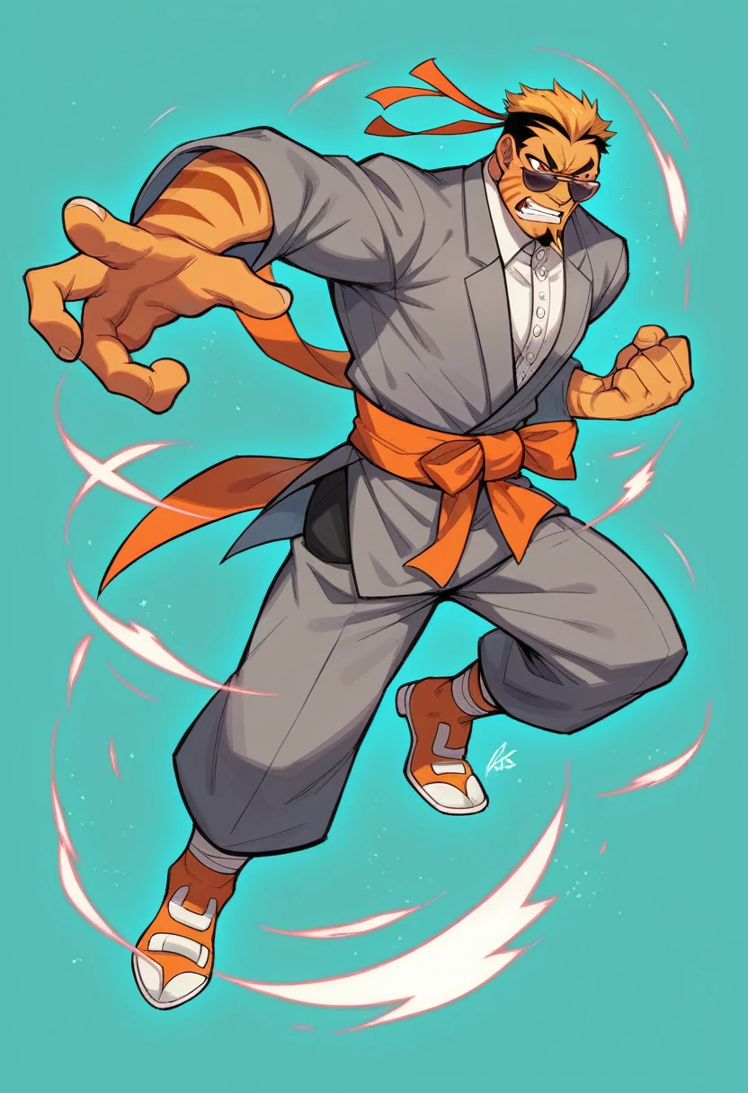 full body action pose of the black kung fu master with long dreads and white goatee wearing sunglasses, he is dressed in an all grey suit with orange stripes, he has on very high heel shoes. He's performing martial arts moves against a dark blue background with glowing lines, his skin glows with energy. The character design resembles that in the style of Kaphael comics. --ar 5:8 --s 750 --niji 6