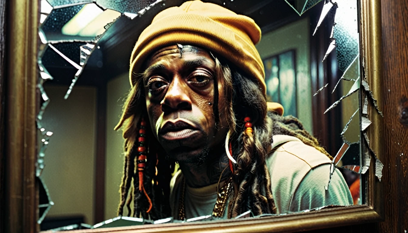 1970s photo of "Lil Wayne" looking at his reflection in a broken mirror, atmospheric perspective, textured skin, cinematic action, super detail,