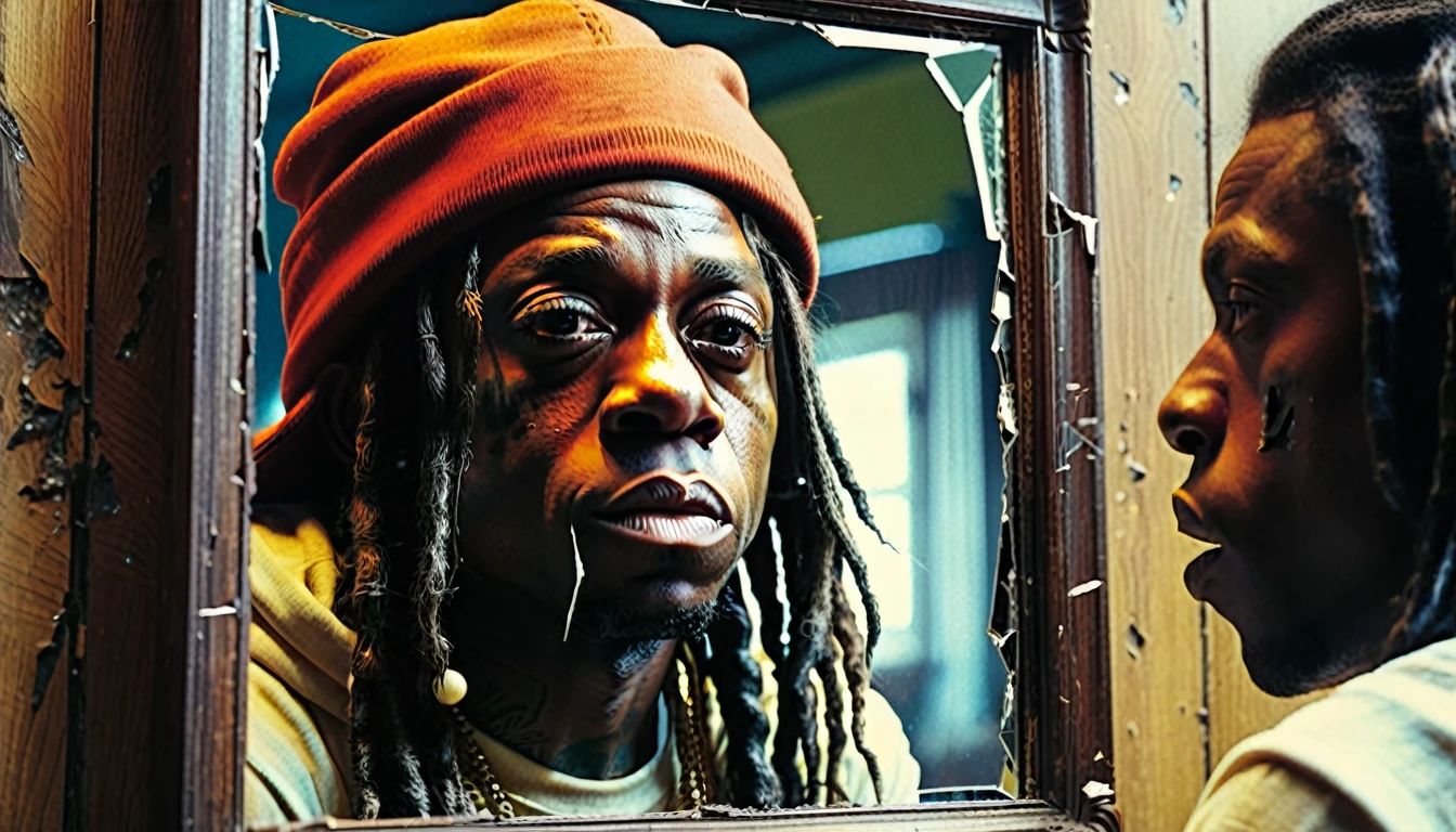 1970s photo of "Lil Wayne" looking at his reflection in a broken mirror, atmospheric perspective, textured skin, cinematic action, super detail,