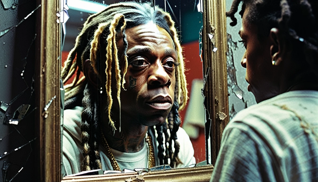 1970s photo of "Lil Wayne" looking at his reflection in a broken mirror, atmospheric perspective, textured skin, cinematic action, super detail,