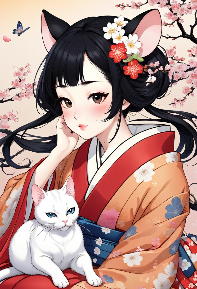 (utamaro style:1.2) , Hallucination, daydream , nightmare , Insane Dream , bokeh , erotica , romance , realistic mouse nymph and realistic cat , kimono , futon , Petals fluttering down , Single eyelids, round nose, swollen cheeks