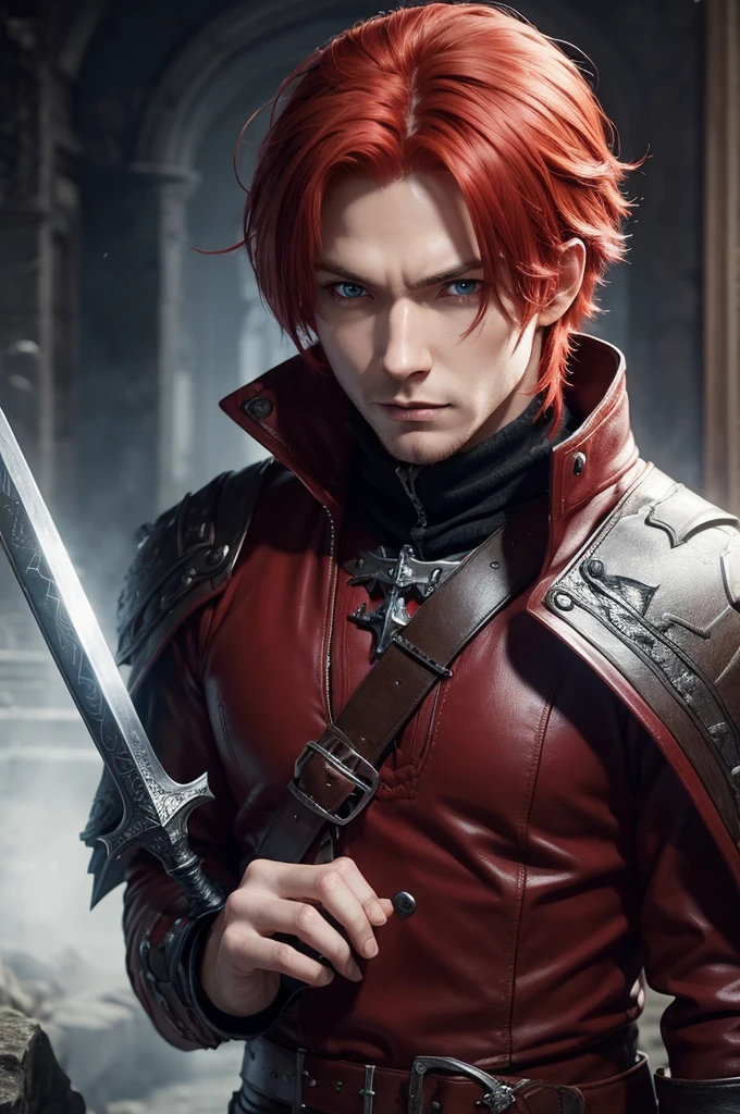 make a picture of a paranormal order style RPG character, naughty man, Red-Haired, greatsword,