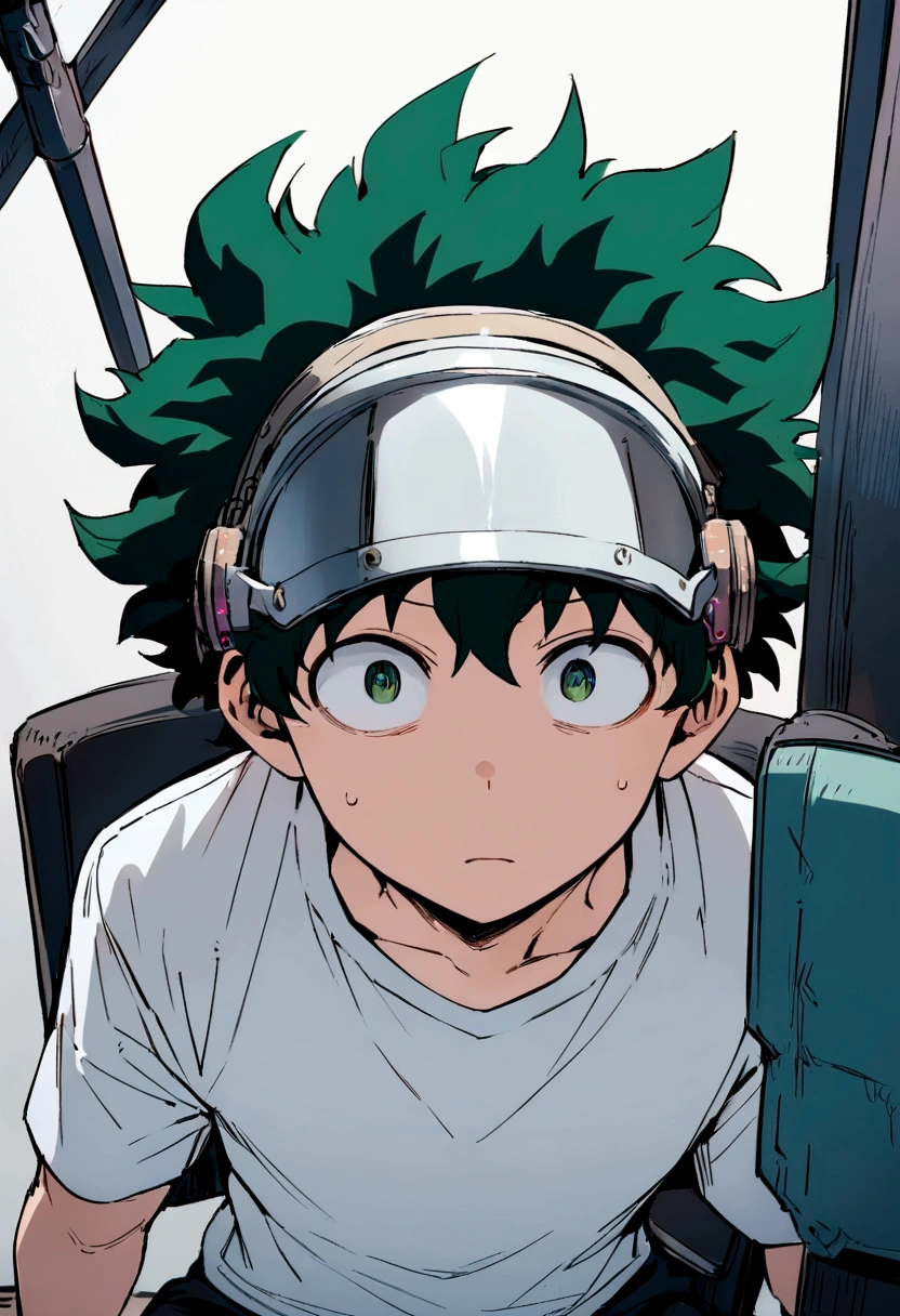 (masterpiece, best quality:1.2), solo, male focus, 1boy, midoriya izuku, short green hair, green eyes, white t-shirt, black shorts, domed helmet with visor covering eyes, mind control device, blank expression in eyes, eyes staring straight forward, mouth hanging open, sitting in chair, view from side angle, anime style, my hero academia style